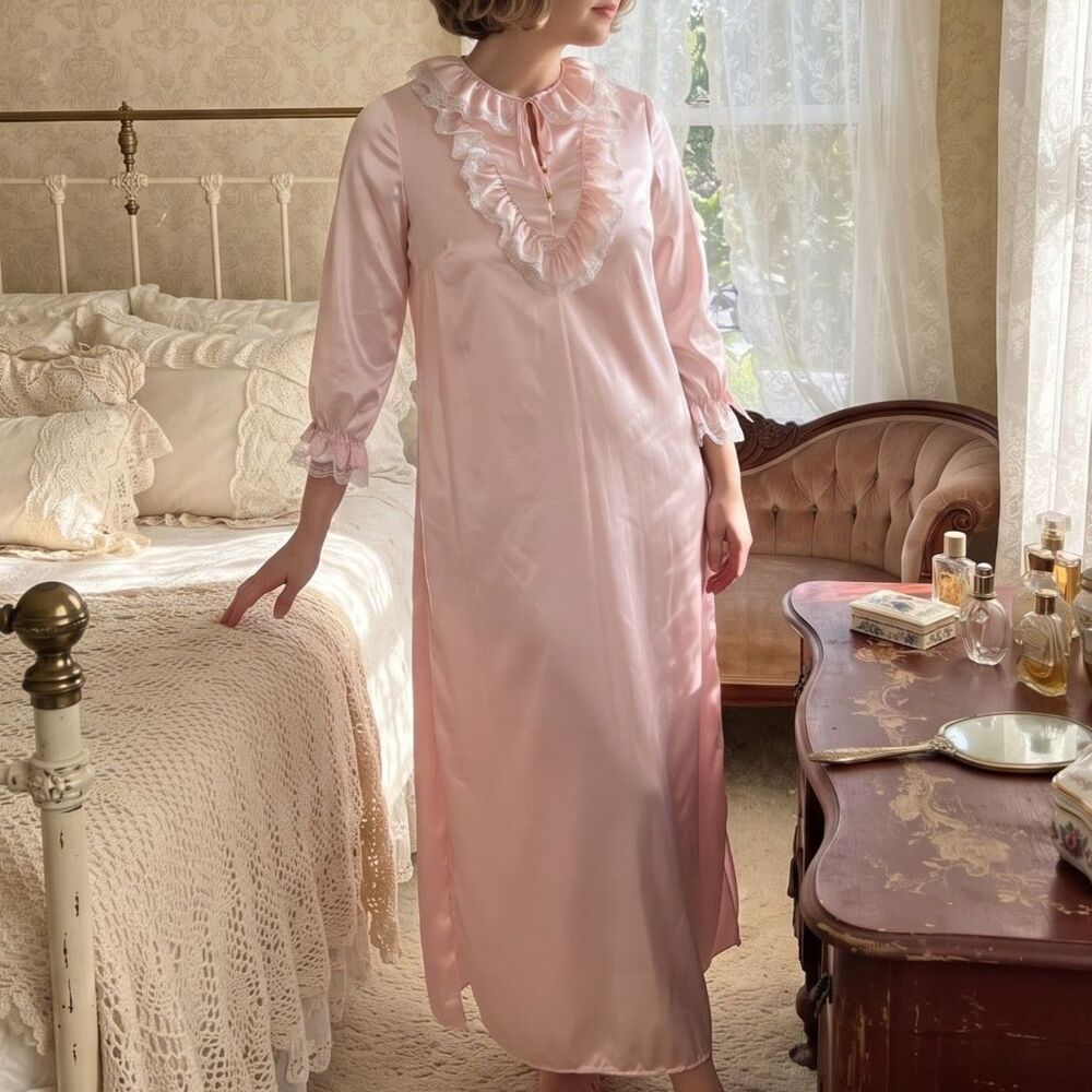 Vintage Iris M Pastel Pink Liquid Satin Victorian Lace Ruffle Nightgown Gown